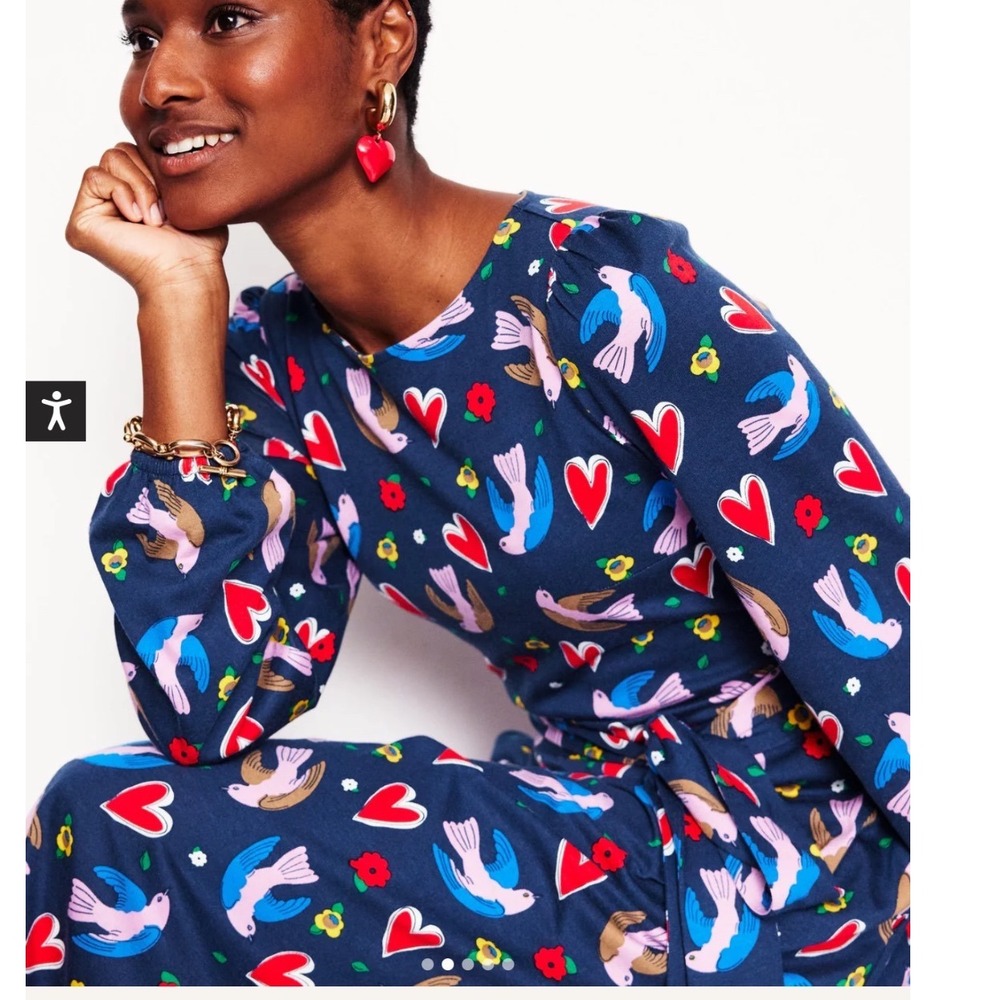 Boden Leandra Navy Blue Bird Dove Heart Print Long Sleeve Midi Dress Tie Waist 8